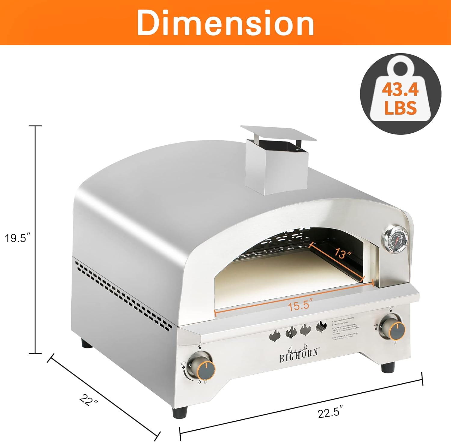 BIGHORN 13" Stainless Steel Gas Pizza Oven with Dimensions Displayed