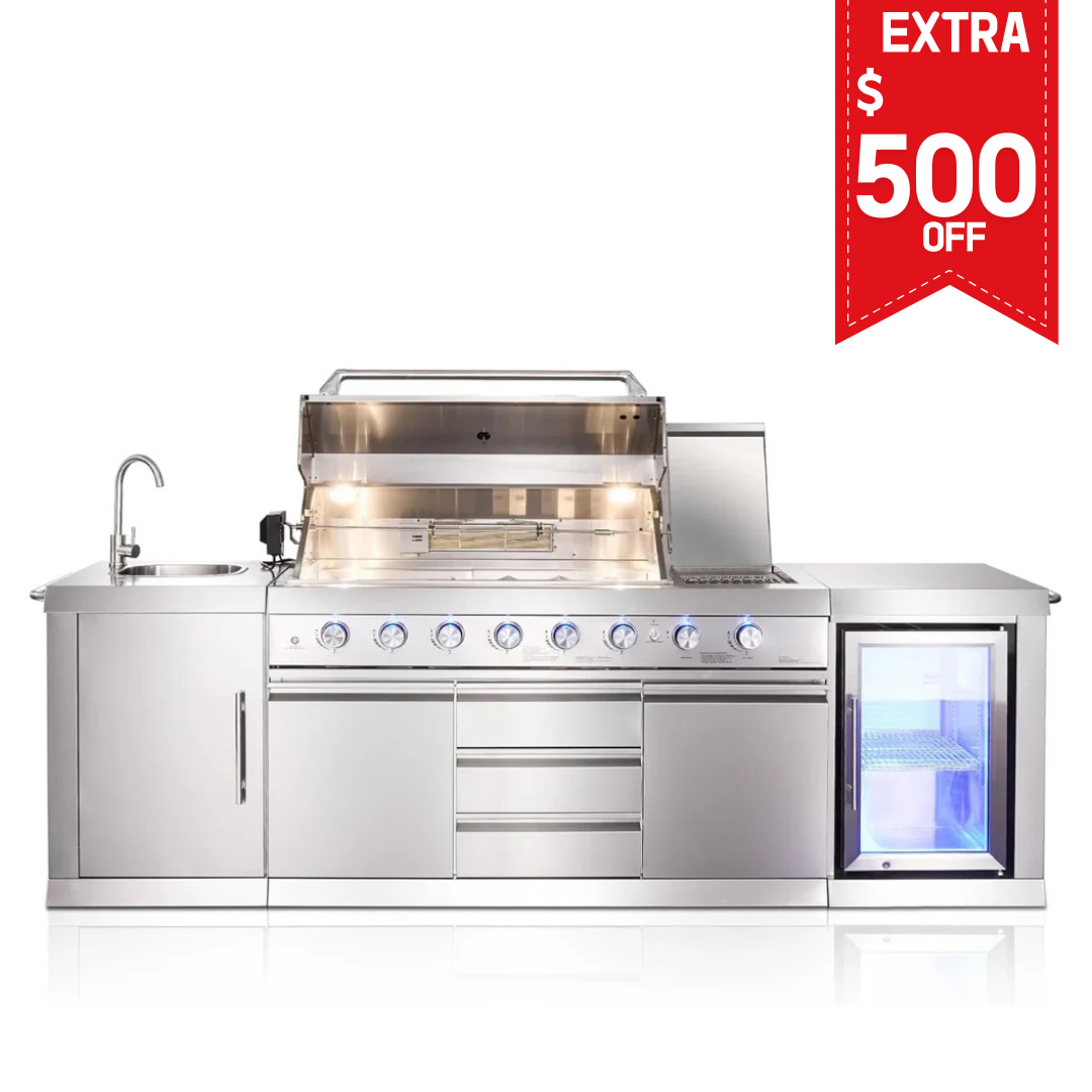 Stainless Steel Kitchen Island, with 6+2 Burners, 98,600 BTUs Gas Grill, Infrared Side Burner, Beverage Refrigerator, Sink, Rotisserie Kit- Big Horn Prime® Series