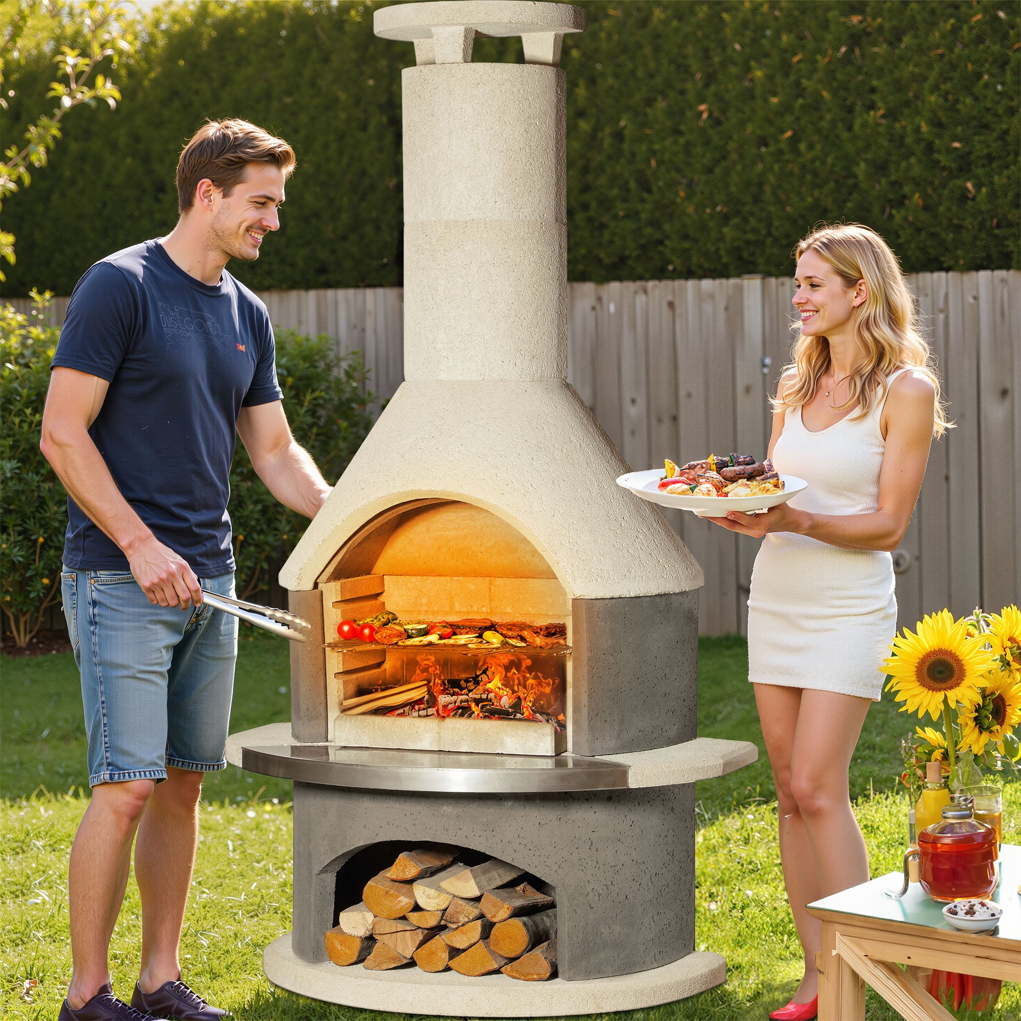 81.9”H Concrete Outdoor Fireplace with Grill