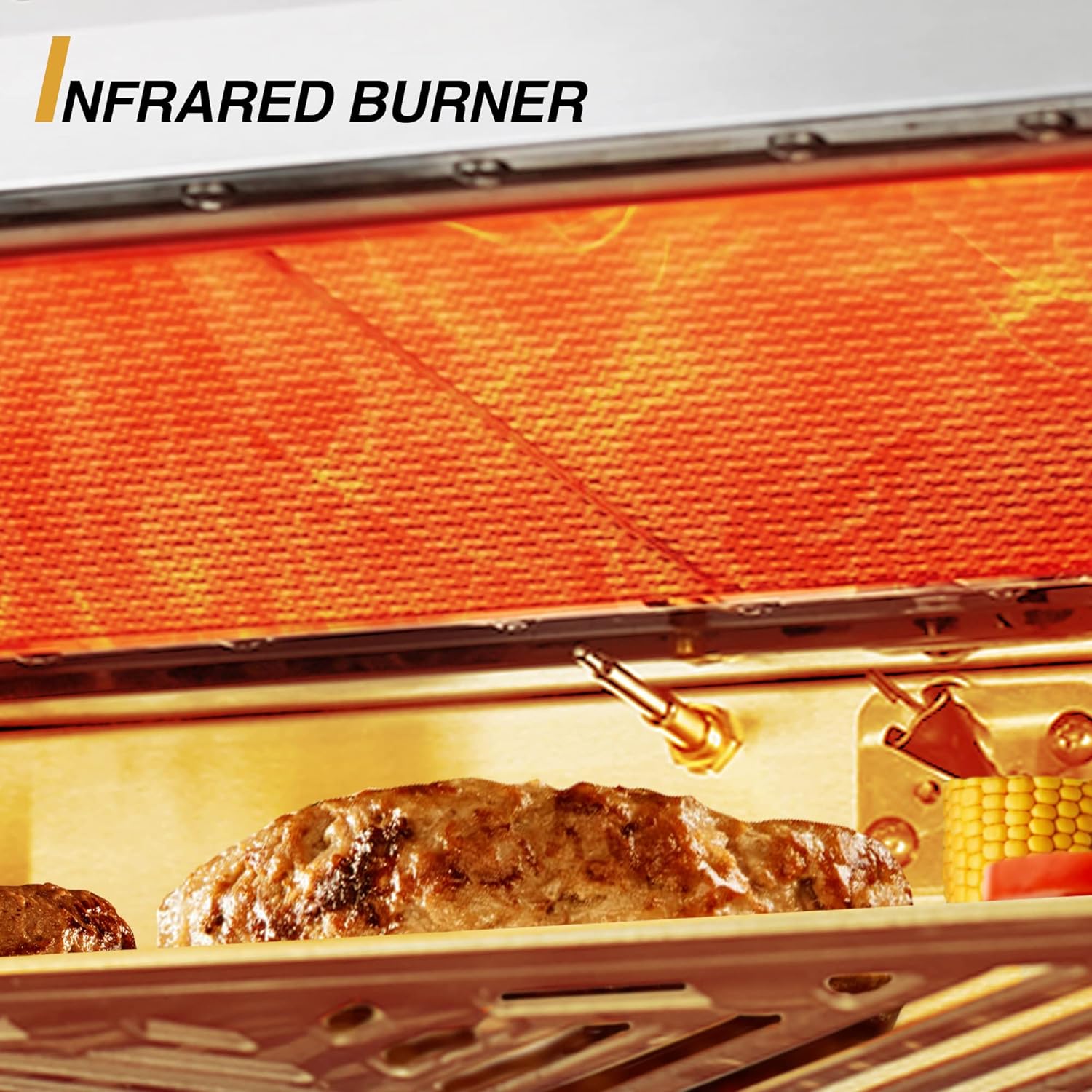 Big Horn 1500℉ Infrared Burner grilling steak, stainless steel construction, showcasing intense heat for efficient cooking