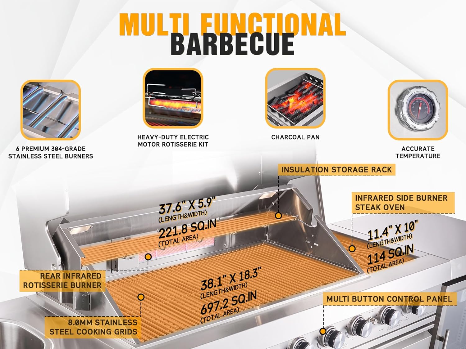 Big Horn Prime Series Stainless Steel Gas Grill features including burners, rotisserie, and infrared side burner