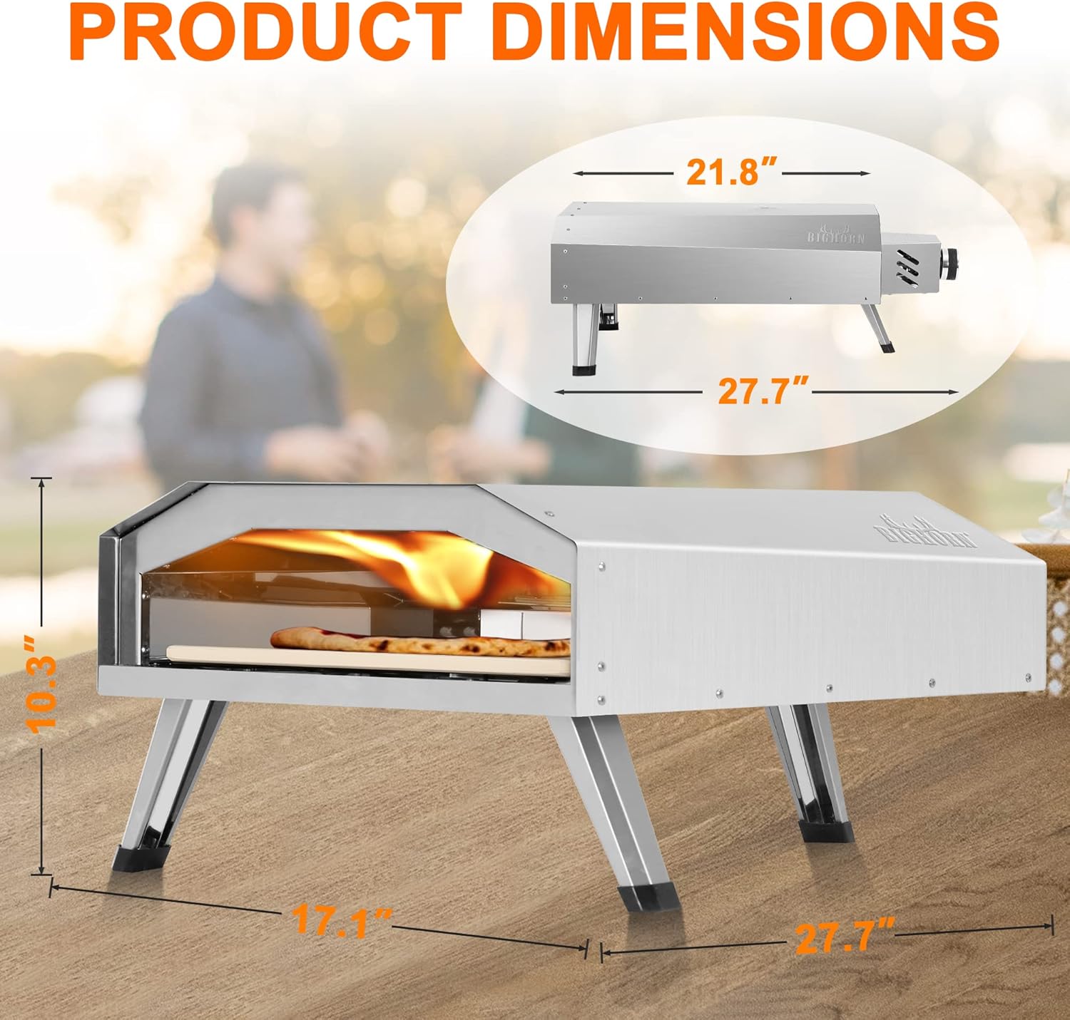 12" Stainless steel gas pizza oven product dimensions, outdoor pizza oven by Big Horn Outdoors.