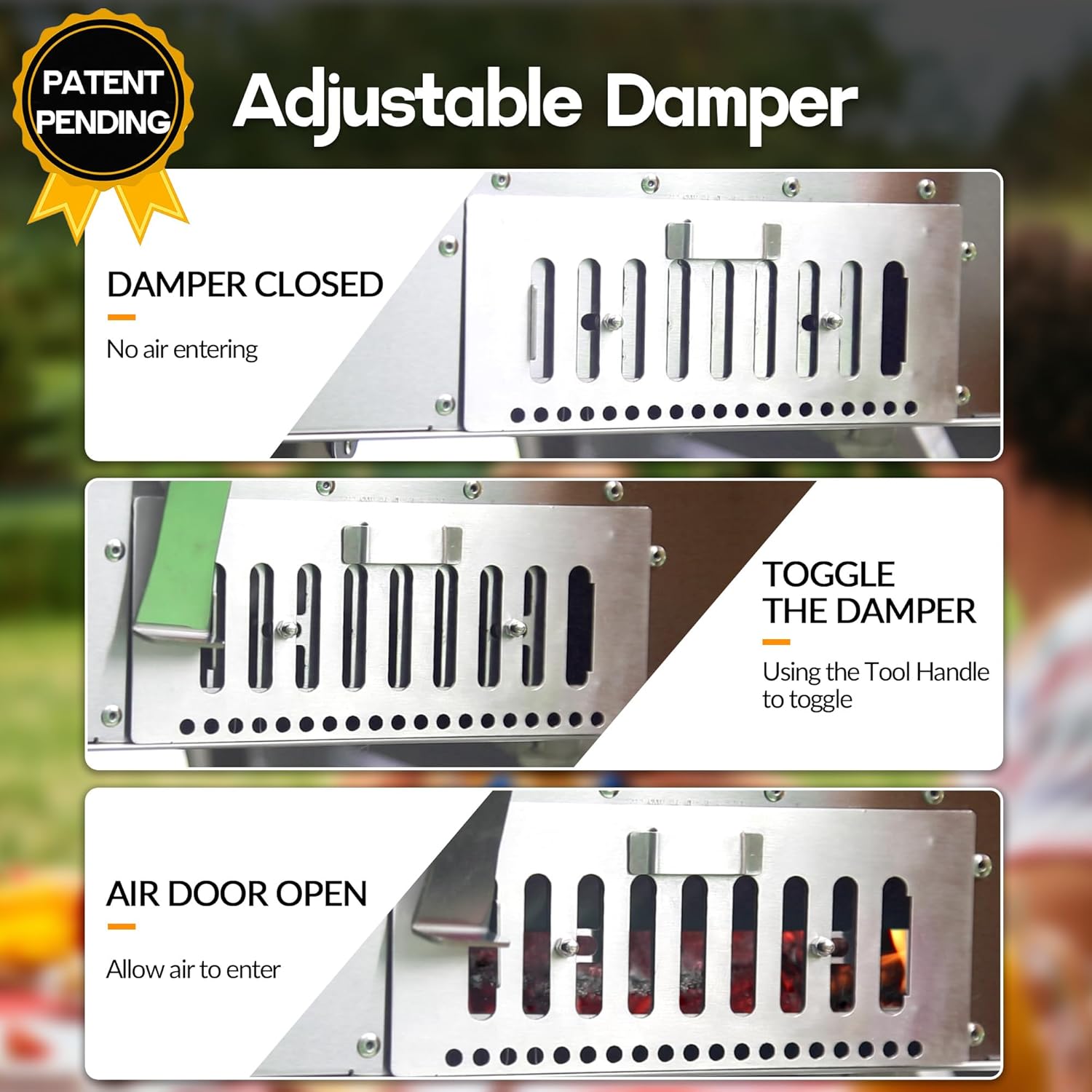 16" Wood Pellet Pizza Oven adjustable damper system showing closed, toggle, and open positions for optimal airflow.