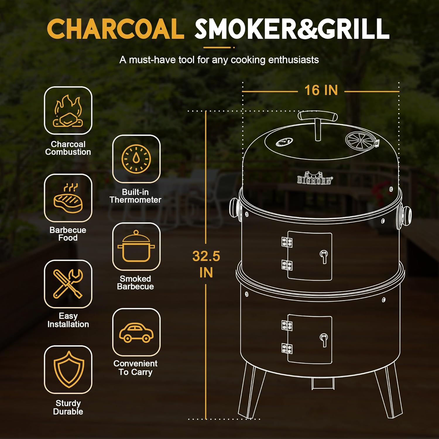 Big Horn Outdoors 16" Charcoal Smoker & Grill diagram, black smoker with dimensions and features.