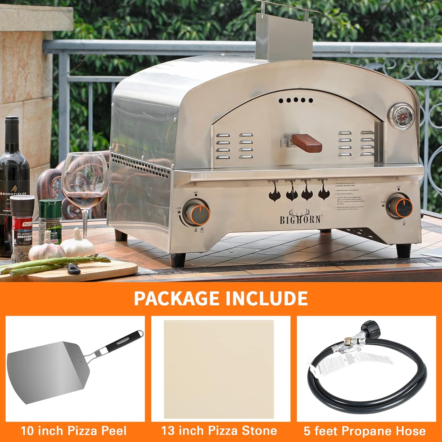 BIGHORN 13" stainless steel gas pizza oven with included pizza peel, stone and hose.