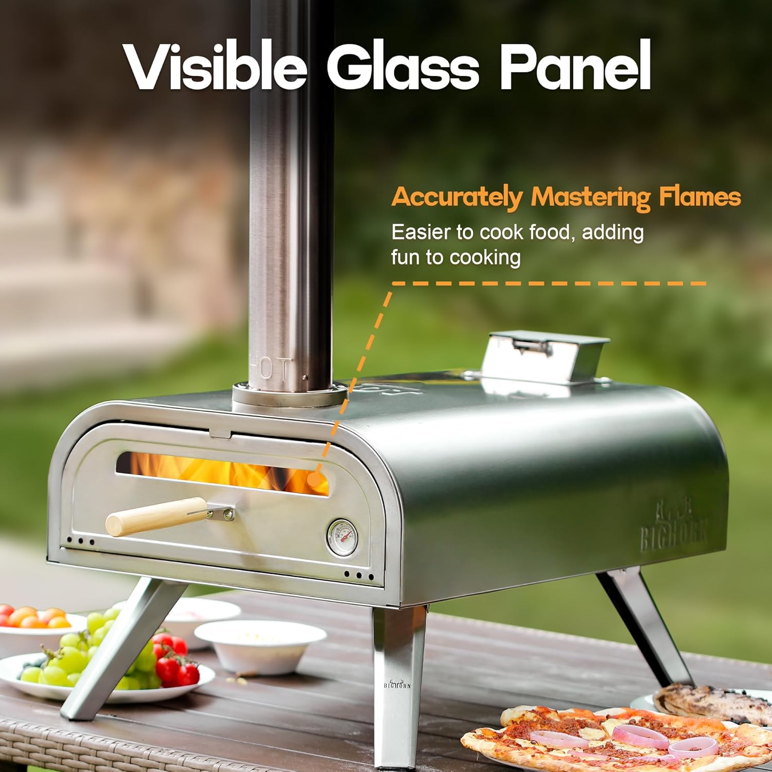 Big Horn Outdoors 16-inch stainless steel pizza oven with visible glass panel and built-in thermometer cooking pizza