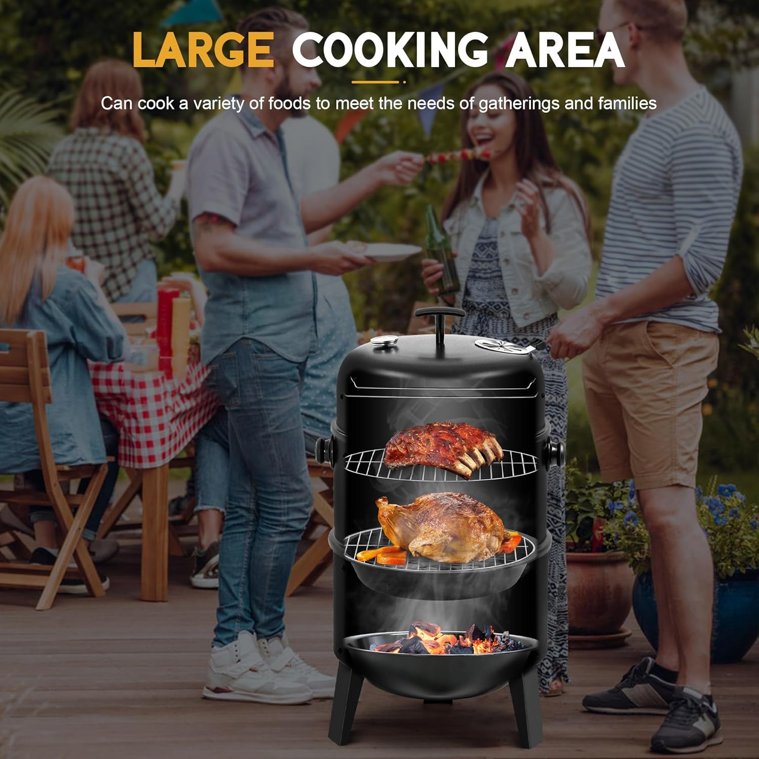 Big Horn Outdoors 16" Charcoal Smoker grilling food at a backyard barbecue party, large cooking area for gatherings.