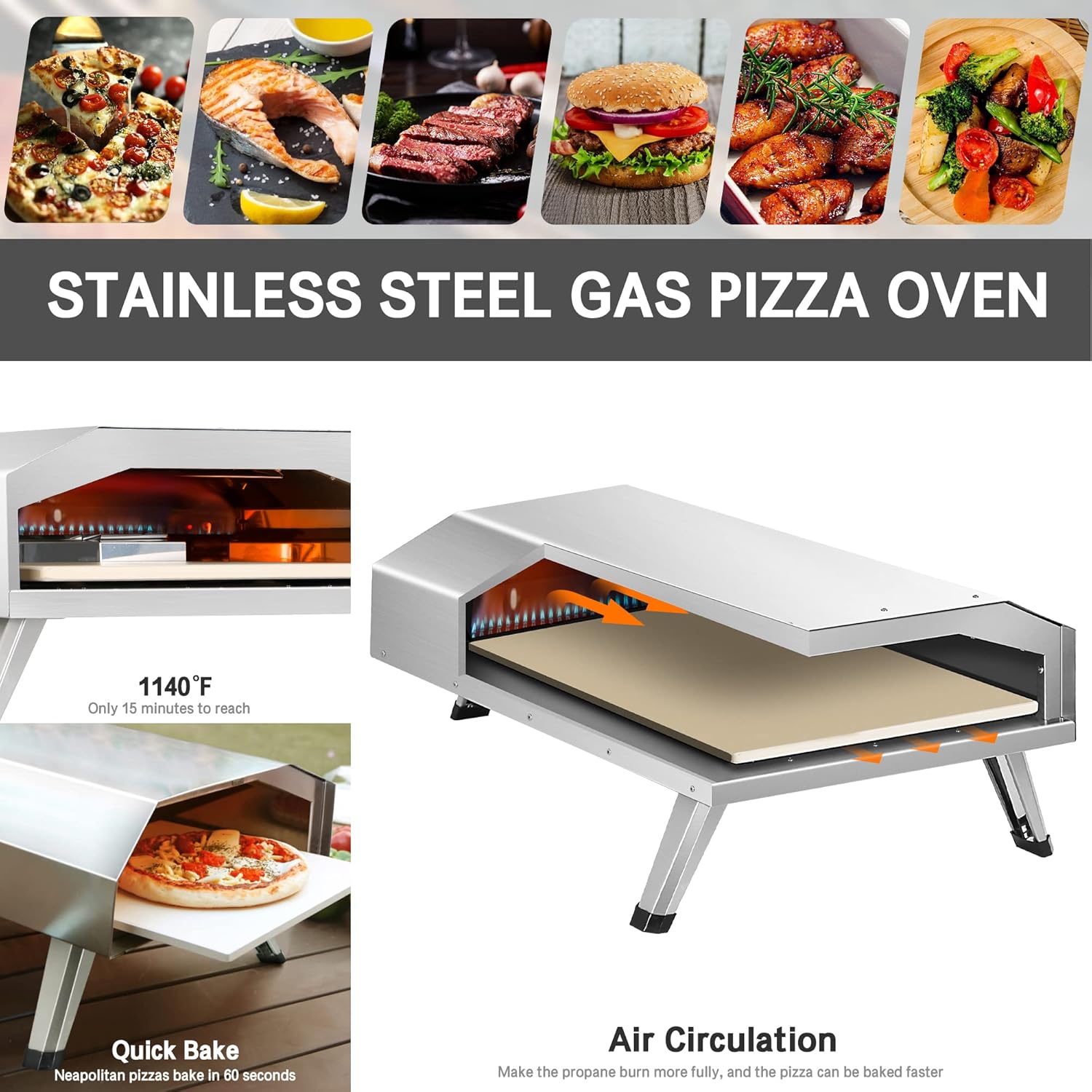 Stainless steel gas pizza oven with 13" pizza stone, fast heating up to 1140°F, perfect for outdoor cooking.