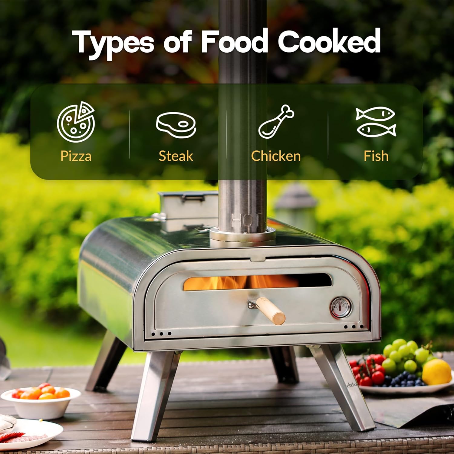 Stainless steel 16 inch Wood Pellet Pizza Oven cooking pizza, steak, chicken, and fish for outdoor cooking