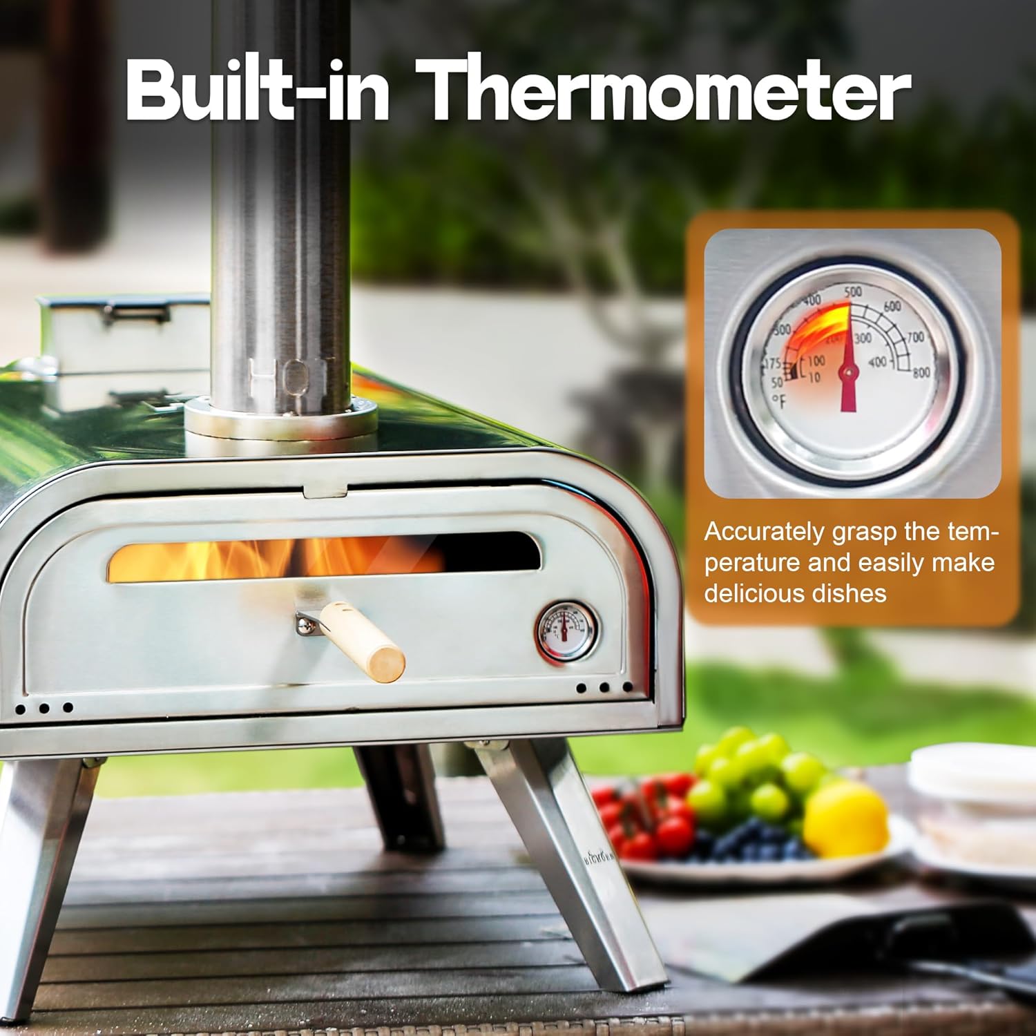 16-inch stainless steel pizza oven with built-in thermometer, oven reaching of up to 1112℉(600℃).