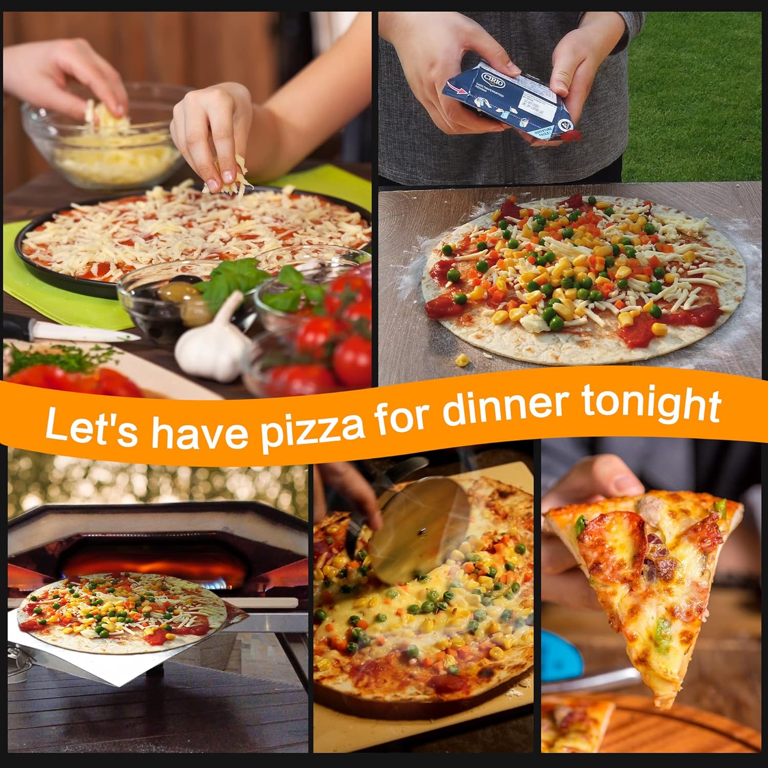 Pizza making and enjoying, including outdoor gas oven and fresh ingredients for a delicious pizza.