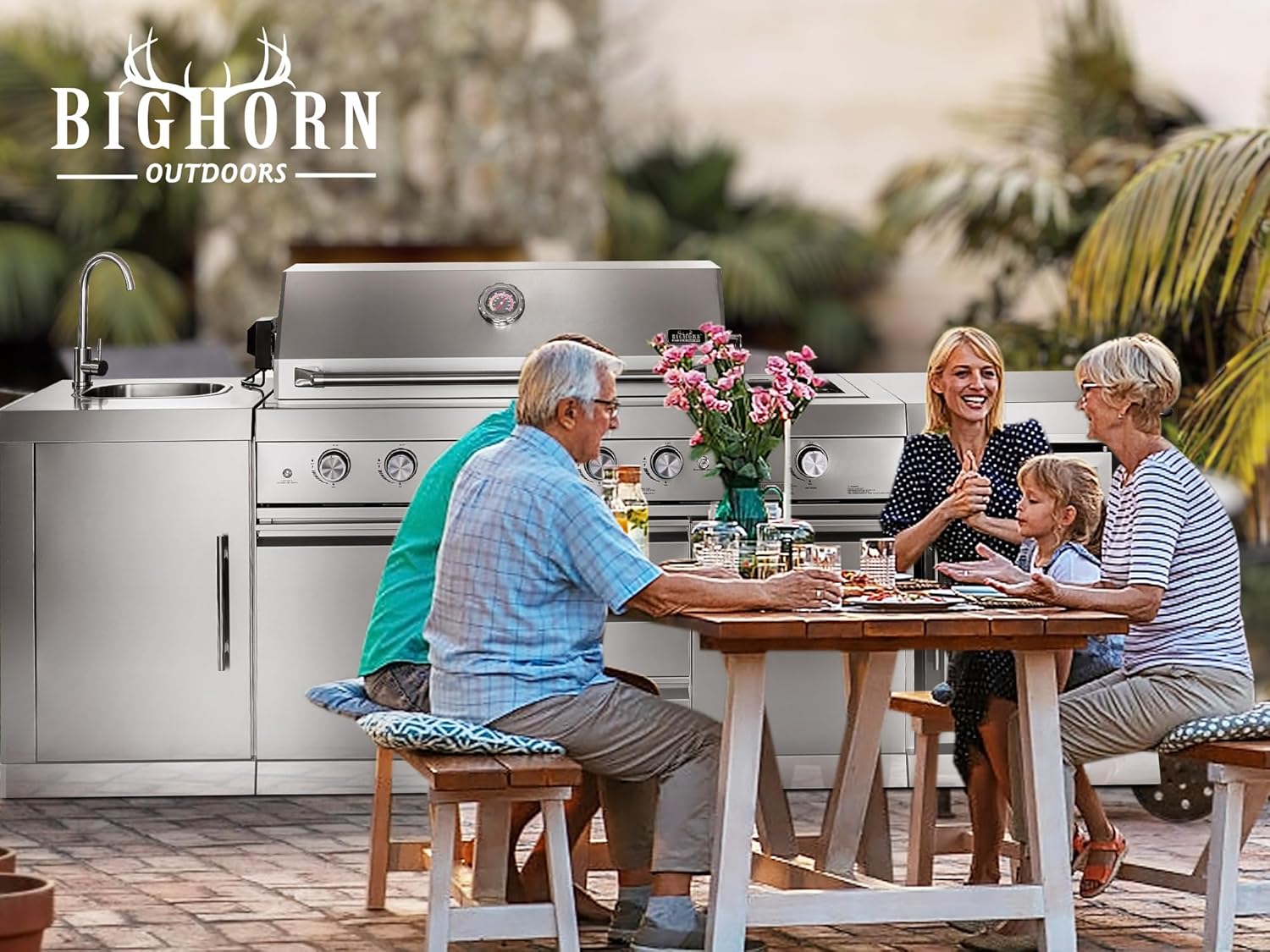 Big Horn Outdoors stainless steel outdoor kitchen island with family enjoying a meal