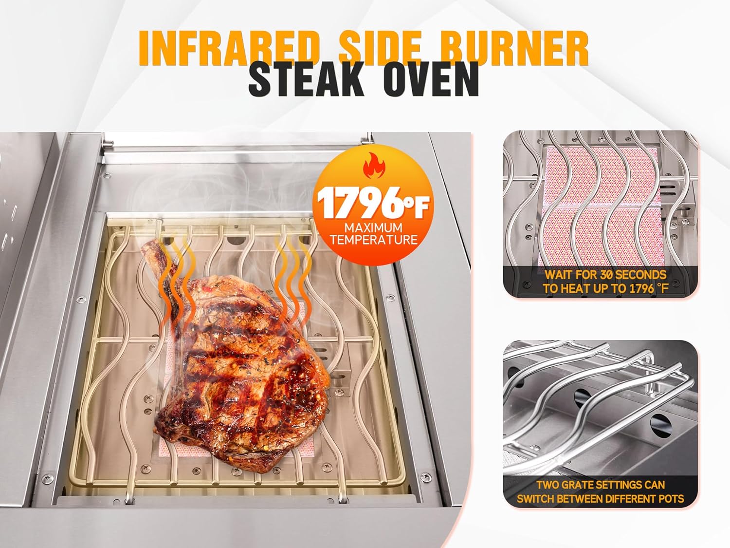 Big Horn Prime Series infrared side burner for steak, reaching 1796°F, stainless steel grill