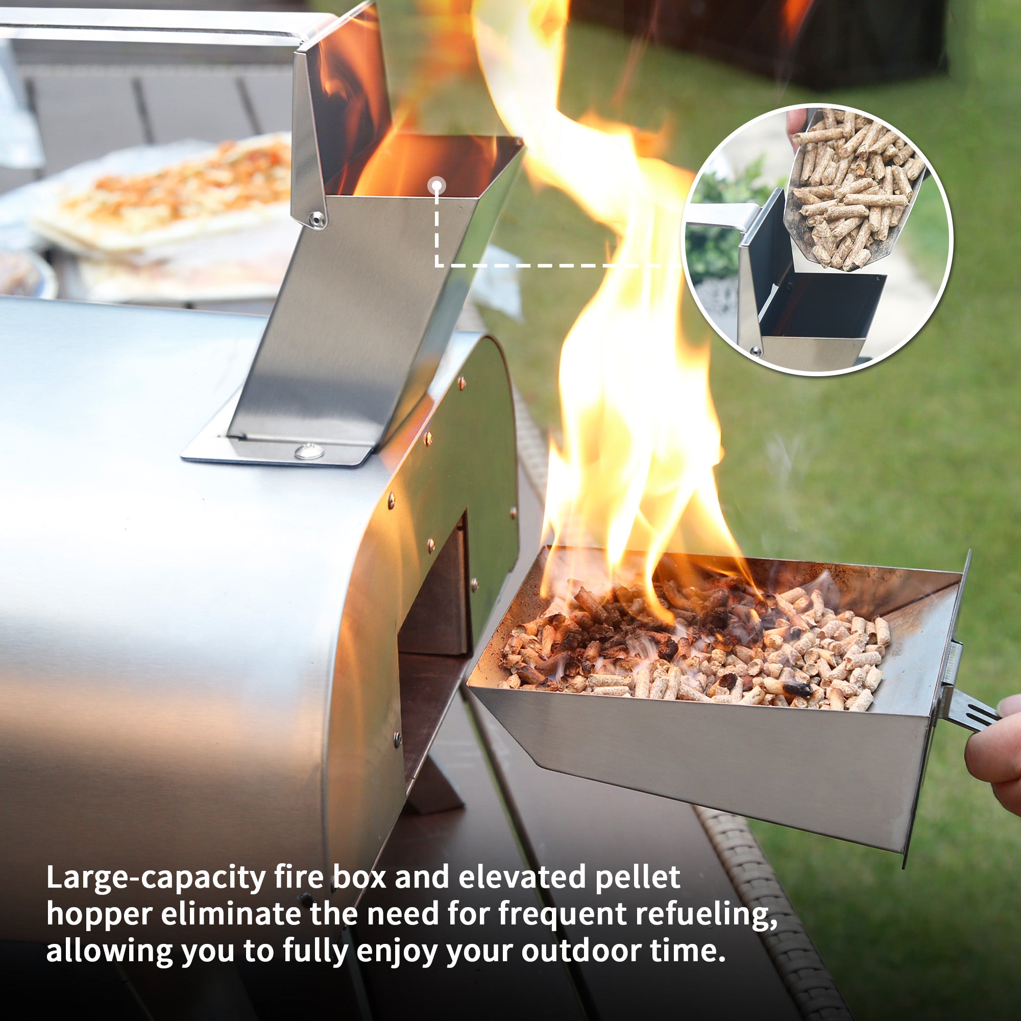 Big Horn 12" wood pellet pizza oven, stainless steel, with pellet hopper and firebox for easy refueling and outdoor cooking.