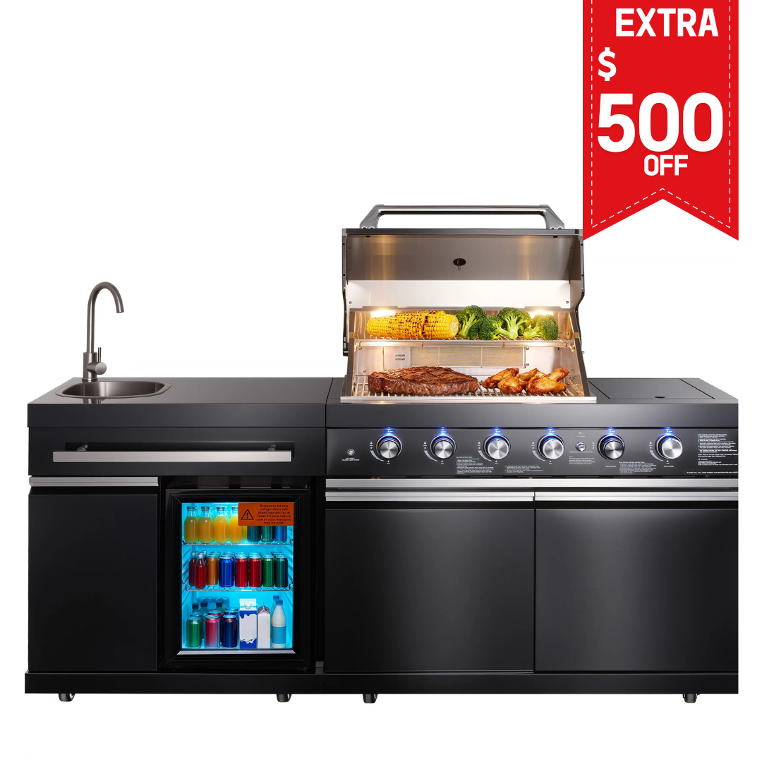 Stainless Steel Outdoor Kitchen Island with 4+2 Burners, Black