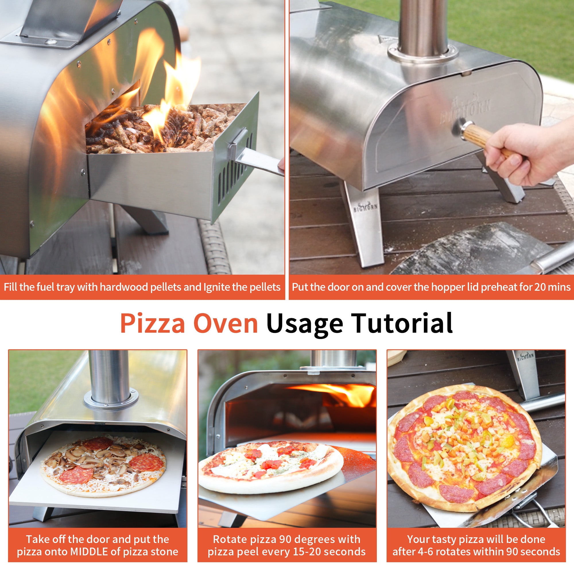 Big Horn 12" Wood Pellet Pizza Oven Usage Tutorial, Stainless Steel Pizza Oven Outdoor Cooking Steps