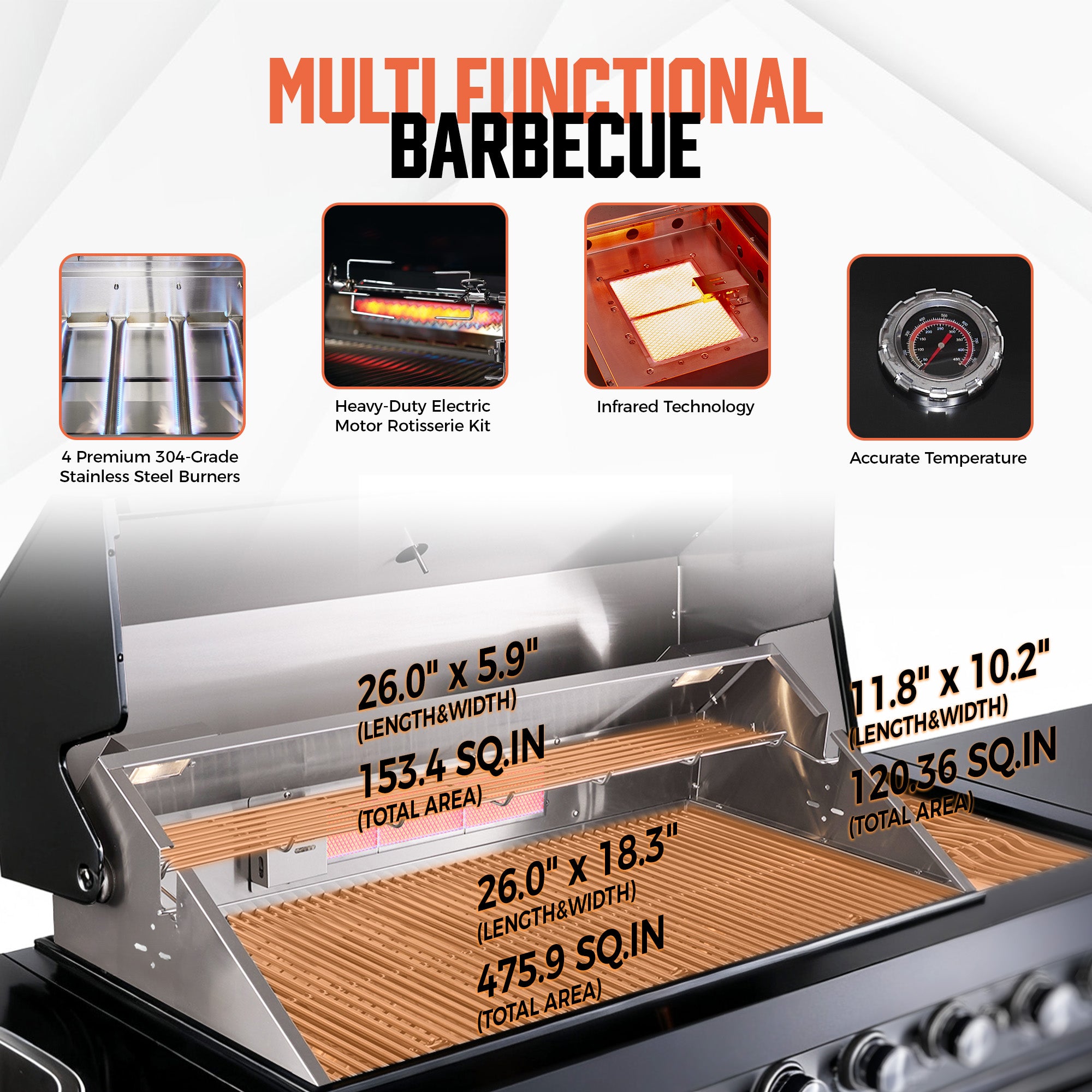 Stainless Steel Outdoor Kitchen Island with 4+2 Burners, Black