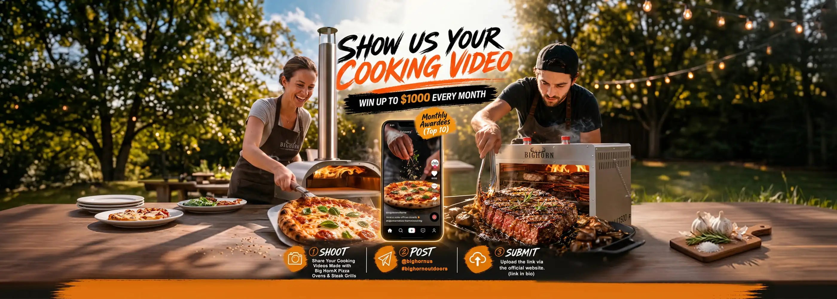 Two people cooking outdoors with a promotional banner for a cooking video platform.