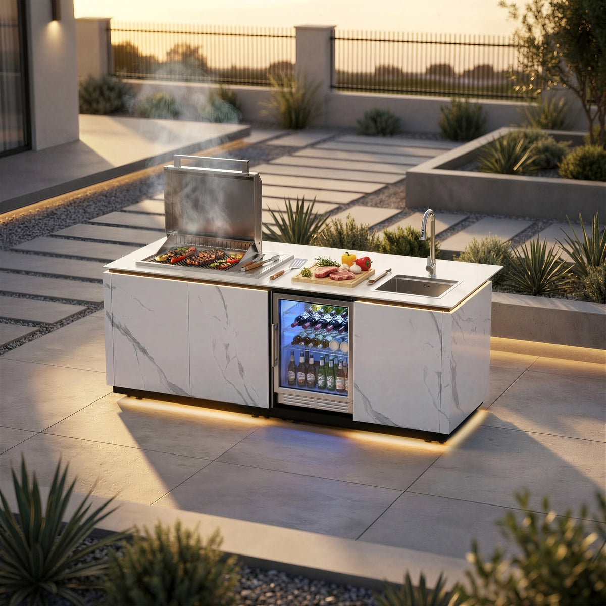Outdoor Kitchen Island – Premium Stainless Steel Gas Grill with Sear Zone, Marble-Style Countertop, LED Beverage Refrigerator, Sink & Storage Cabinets for Luxury Backyard BBQ