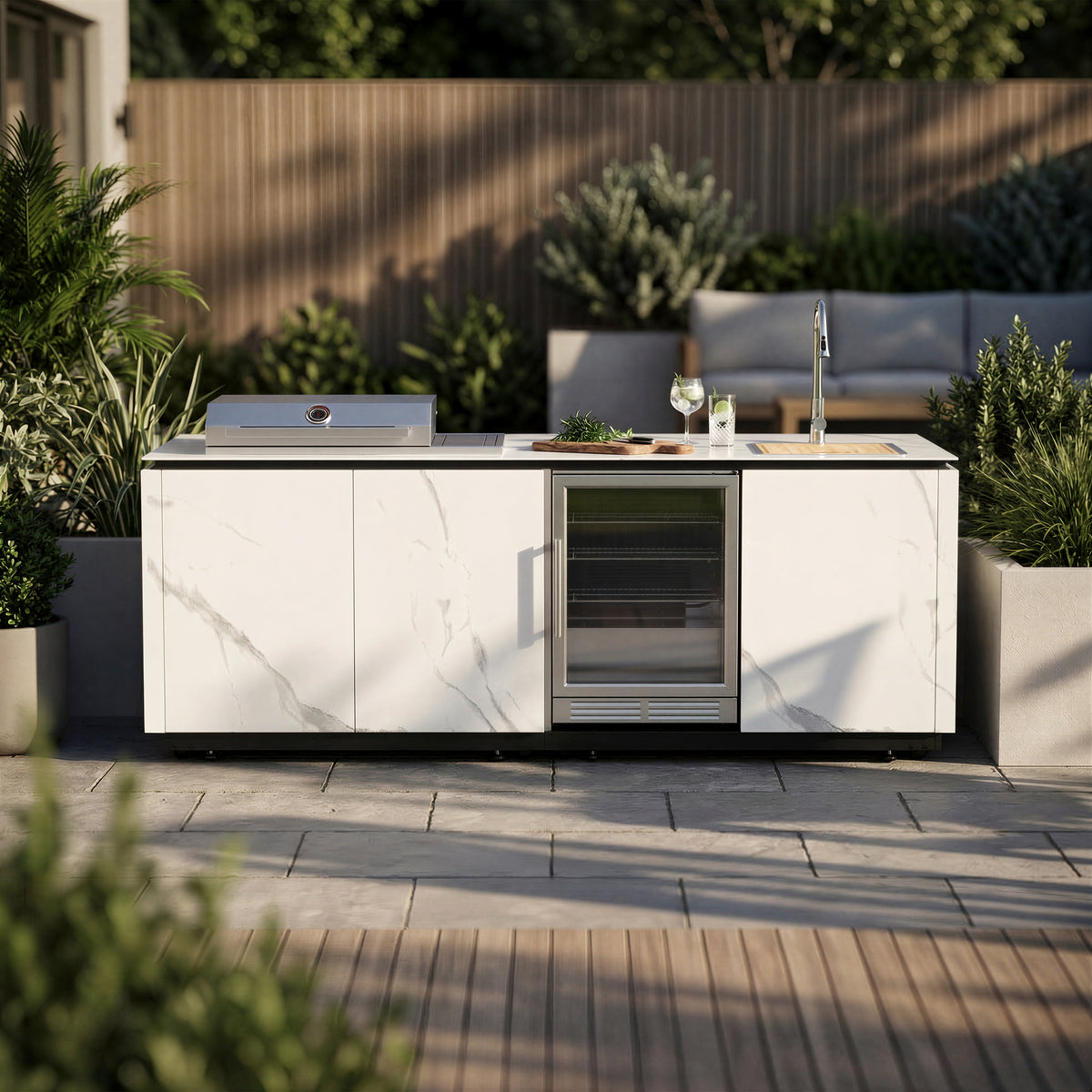 Outdoor Kitchen Island – Premium Stainless Steel Gas Grill with Sear Zone, Marble-Style Countertop, LED Beverage Refrigerator, Sink & Storage Cabinets for Luxury Backyard BBQ