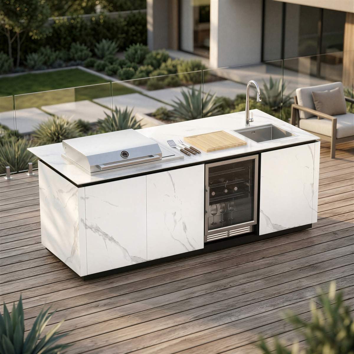 Outdoor Kitchen Island – Premium Stainless Steel Gas Grill with Sear Zone, Marble-Style Countertop, LED Beverage Refrigerator, Sink & Storage Cabinets for Luxury Backyard BBQ