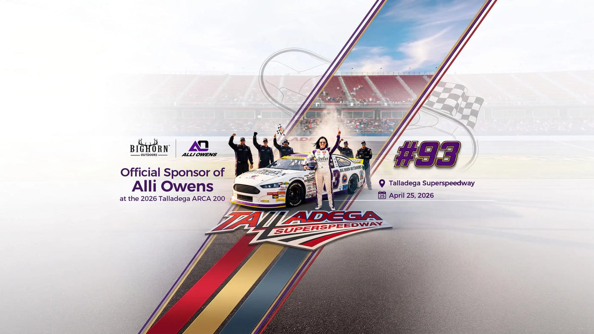 Promotional graphic for Talladega Superspeedway featuring race car driver Alli Owens standing beside a white race car on the track, with diagonal graphic overlays, the number 93, and sponsor logos including Bighorn and All In Sports.