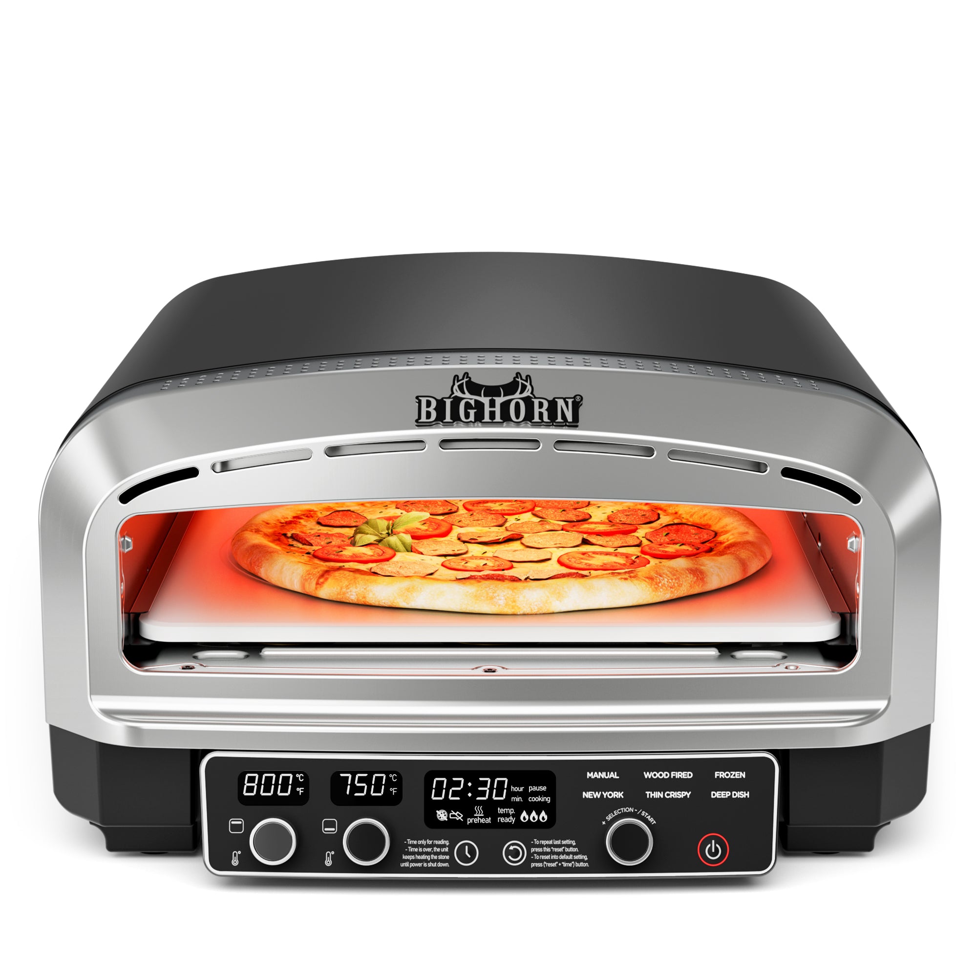 Big Horn 14" Electric Pizza Oven with pizza inside, featuring preset modes and temperature display