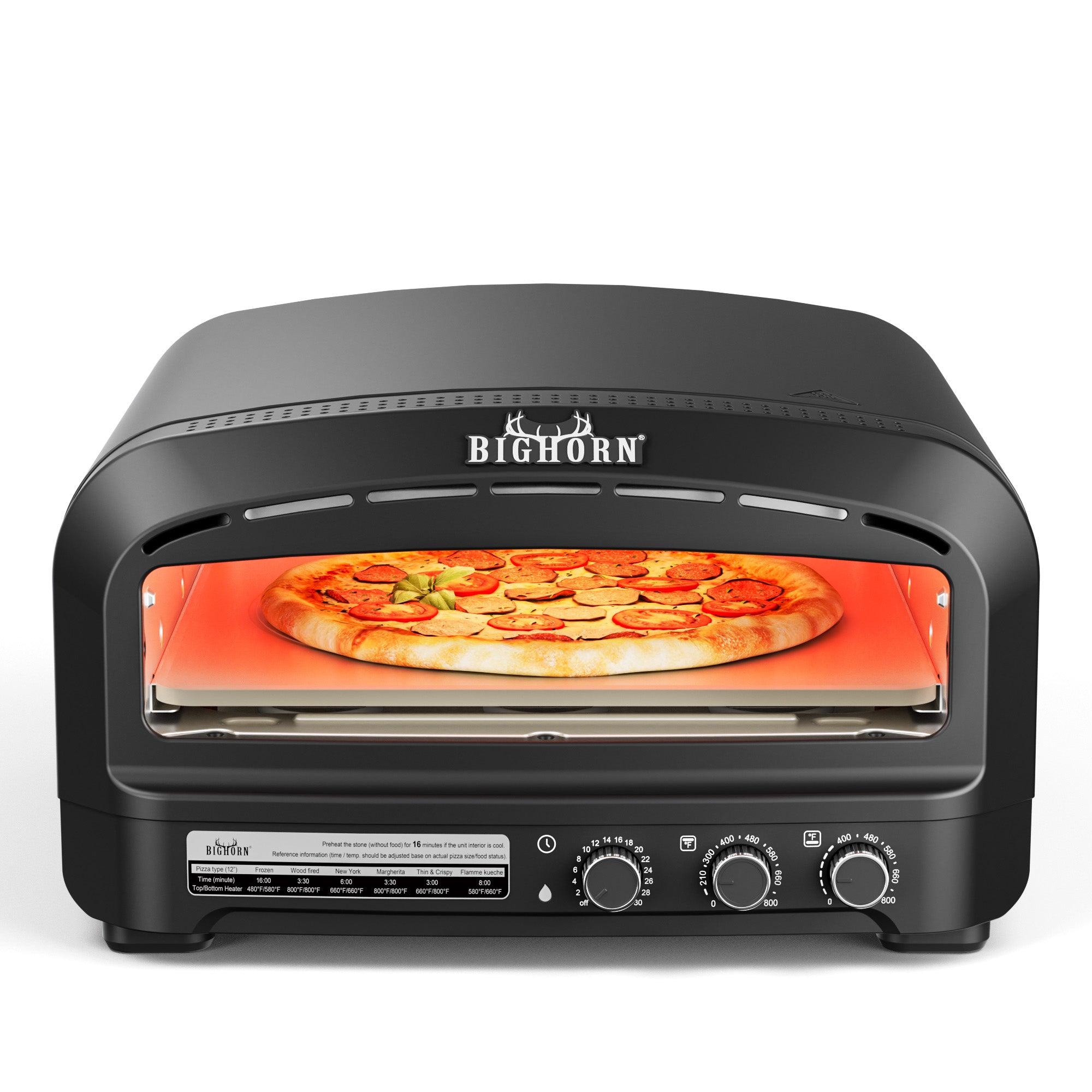 Bighorn 14-inch Electric Pizza Oven with pizza, featuring preset modes, temperature controls, and pizza stone.