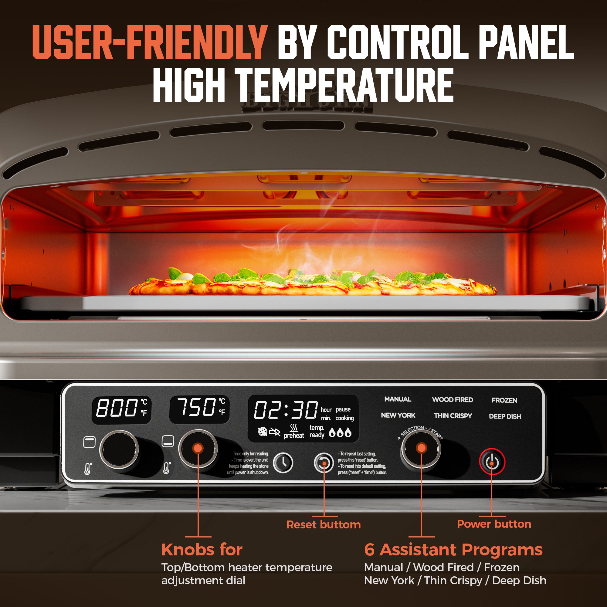 Big Horn 14" Electric Pizza Oven Control Panel with preset modes and temperature display. 800°F max temperature