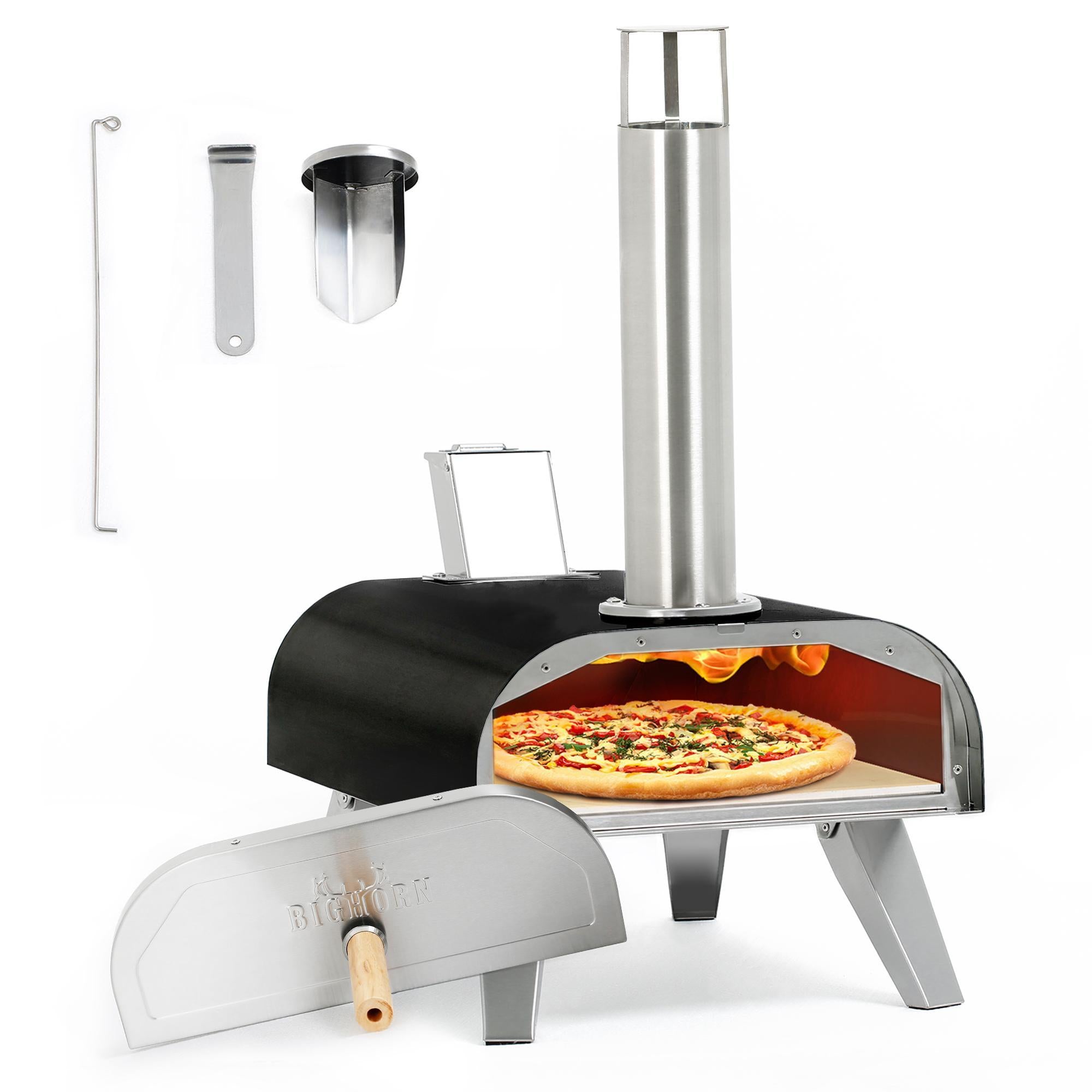 Big Horn Outdoors 12" Wood Pellet Pizza Oven - Black and Silver, with pizza and accessories, perfect for outdoor cooking