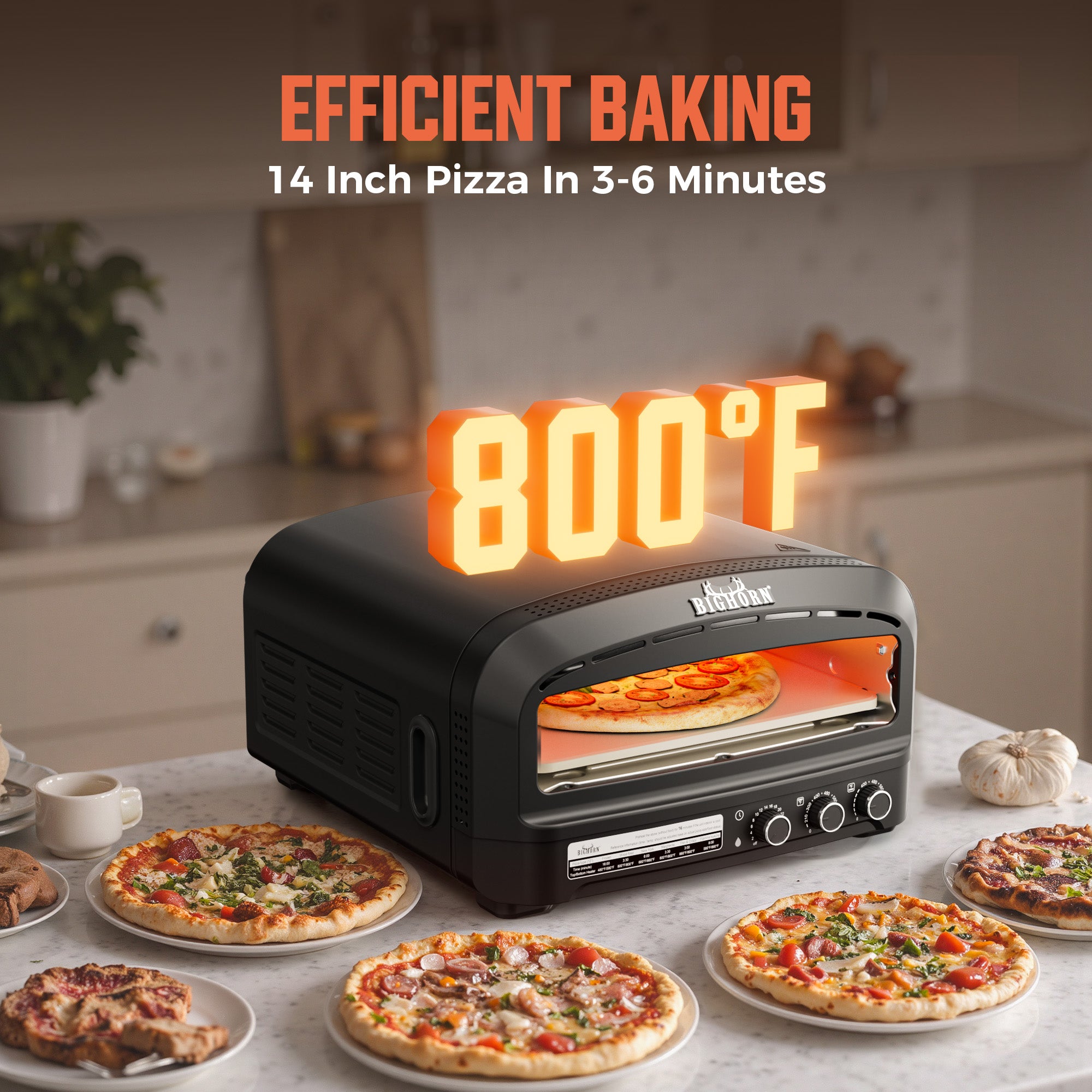 Big Horn 14" electric pizza oven, baking pizza in 3-6 minutes. Shows pizza peel, stone and various pizzas around.