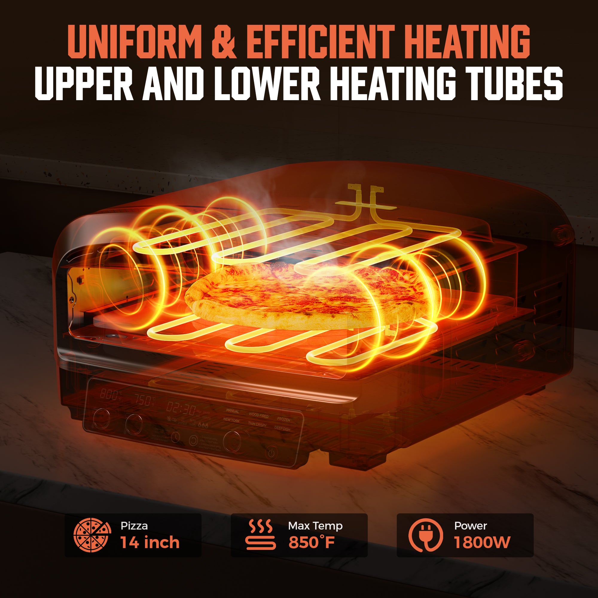 Big Horn 14" Electric Pizza Oven displaying uniform heating with pizza inside and 850°F max temperature