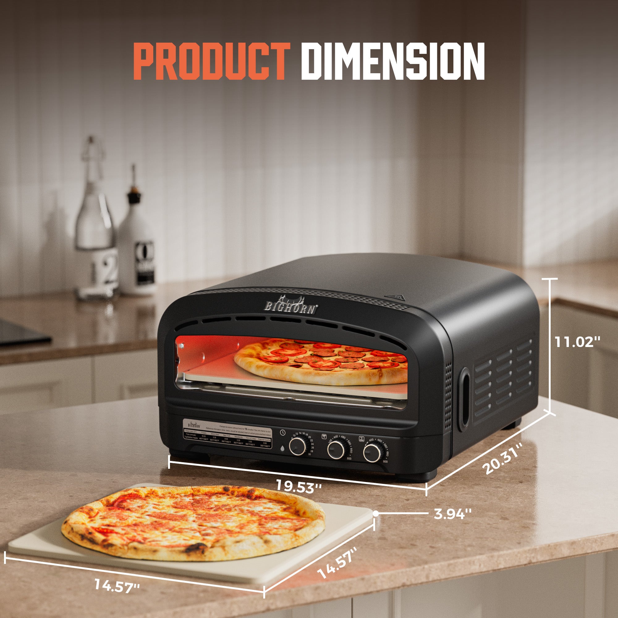 Black Big Horn 14" Electric Countertop Pizza Oven with product dimensions displayed, including pizza stone and baked pizza.