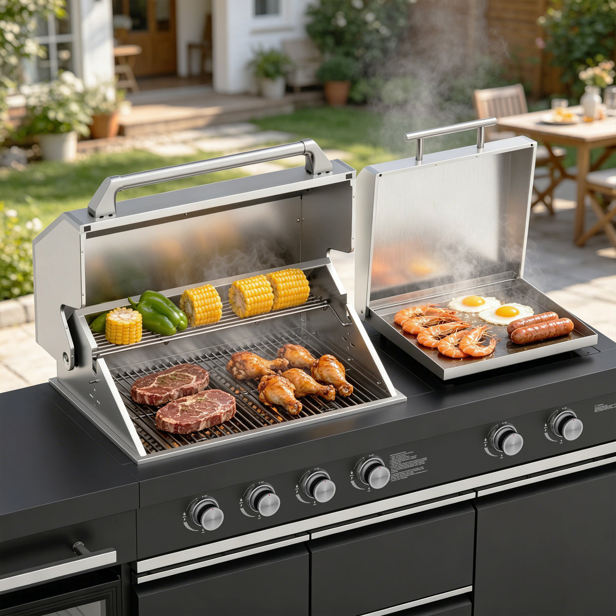 Outdoor Kitchen Gas Grill and Griddle Combo, 65,000 BTU 4+2 Burner BBQ Grill with 675 Sq. In. Cooking Area, Stainless Steel Grill Grates & Griddle, Built-In Sink, Refrigerator, Cabinets