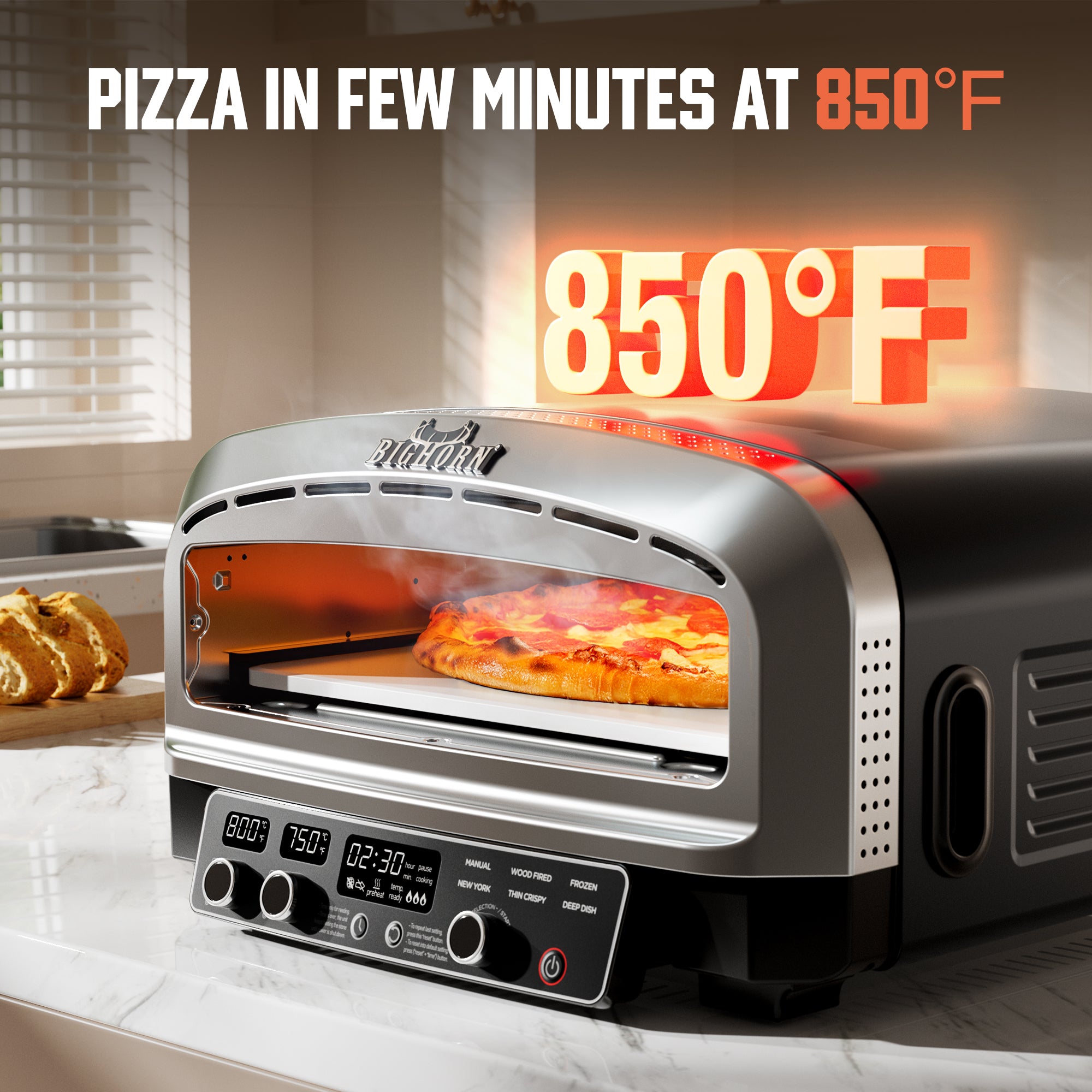 BIGHORN 14" Electric Pizza Oven cooking pizza at 850°F, perfect for fast and crispy results.