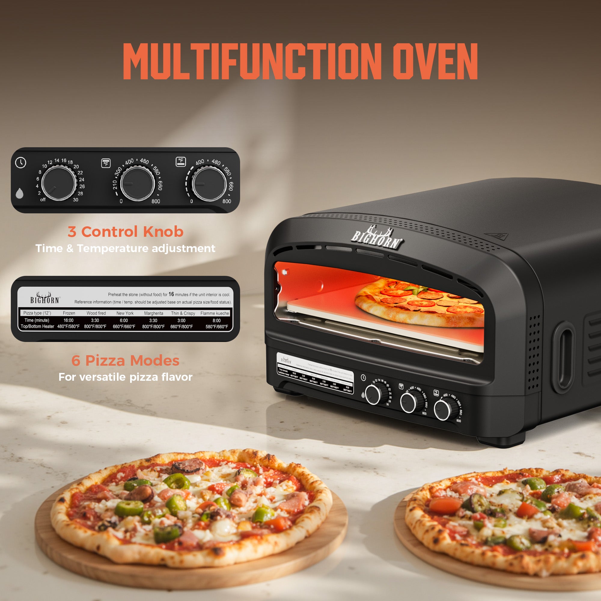 Big Horn electric countertop pizza oven. Black, with pizza stone, temperature control and versatile pizza modes.