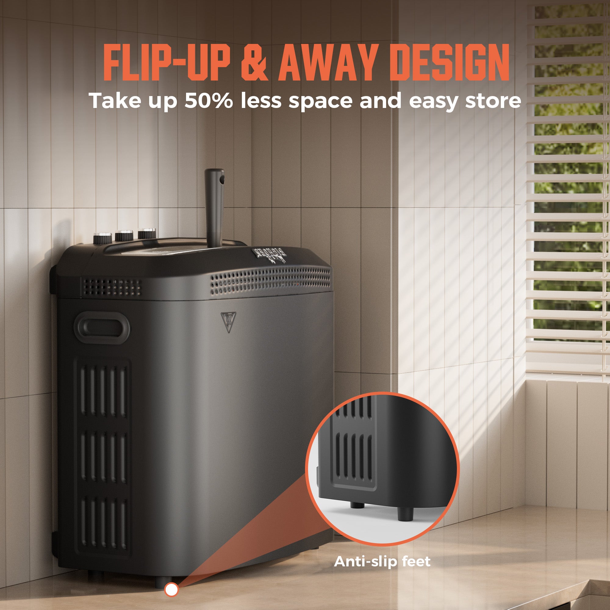 Black 14" Indoor Electric Countertop Pizza Oven, Flip-Up & Away Design for Space Saving, featuring anti-slip feet.