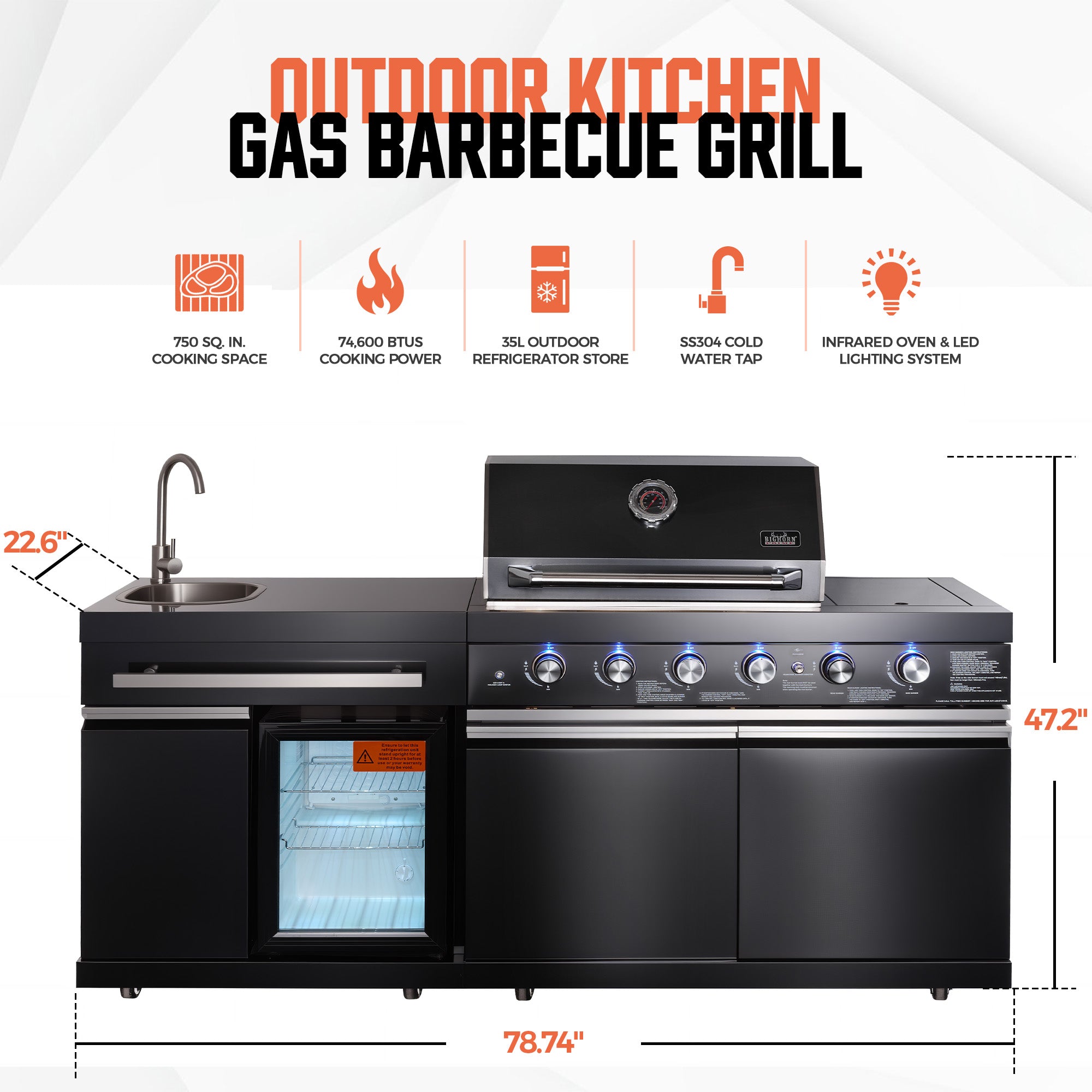 Stainless Steel Outdoor Kitchen Island with 4+2 Burners, Black