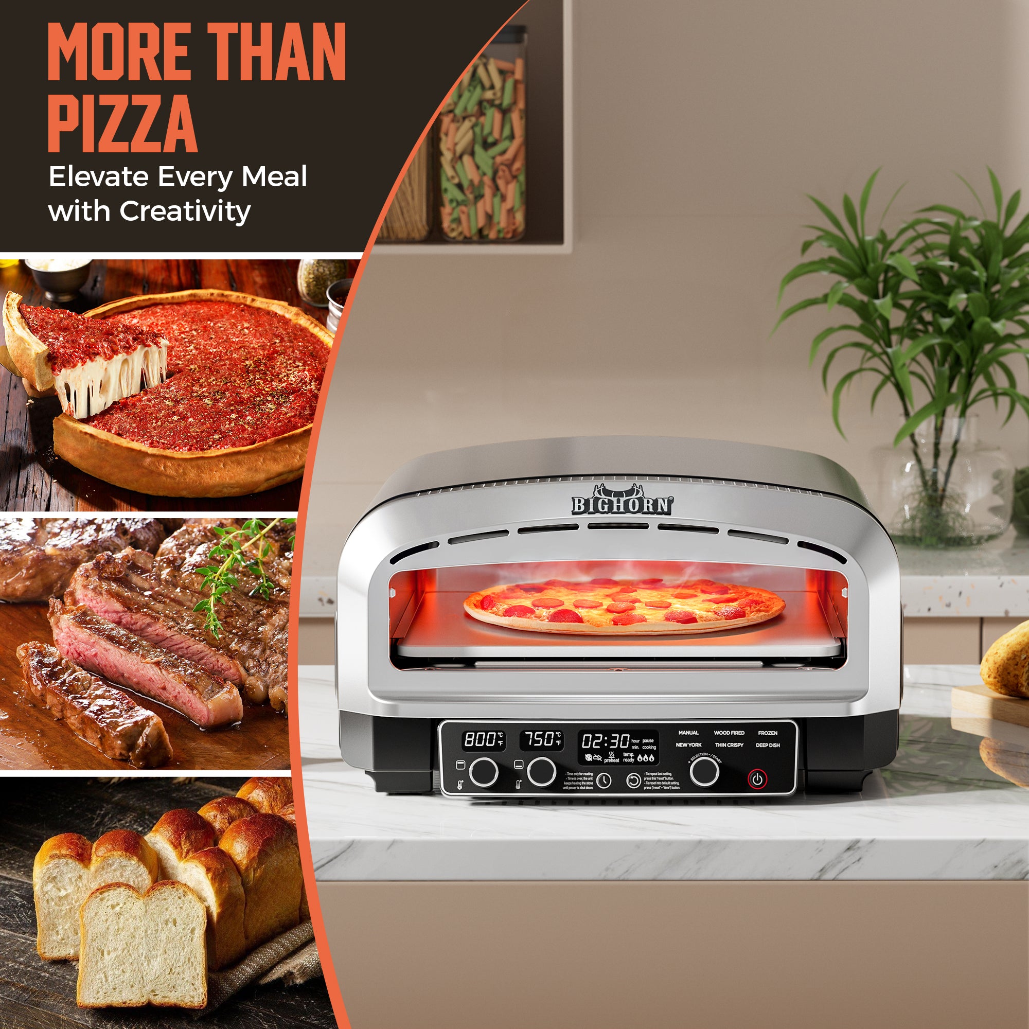 BIGHORN electric pizza oven showcasing various cooking options. More than pizza, elevate every meal with creativity