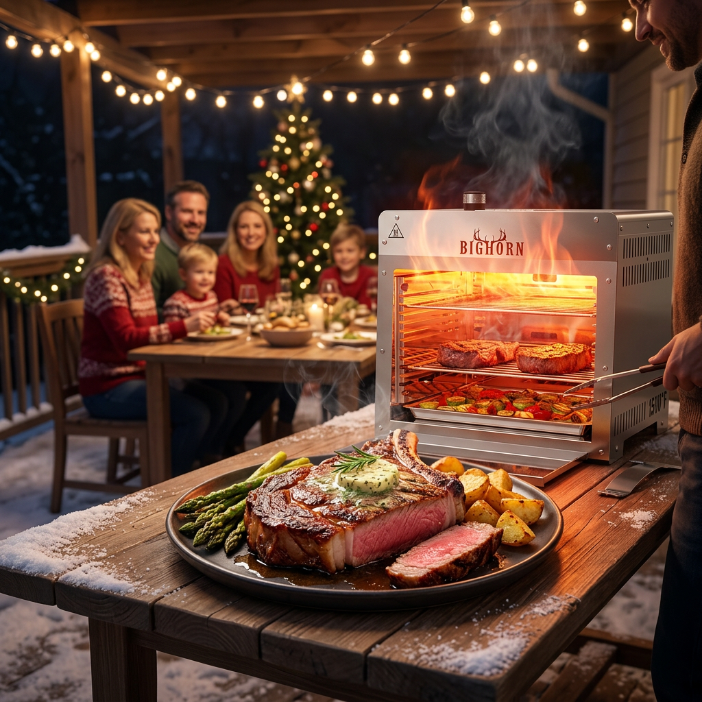Christmas patio steak dinner with an infrared steak grill searing a bone-in ribeye, warm string lights, and festive sides