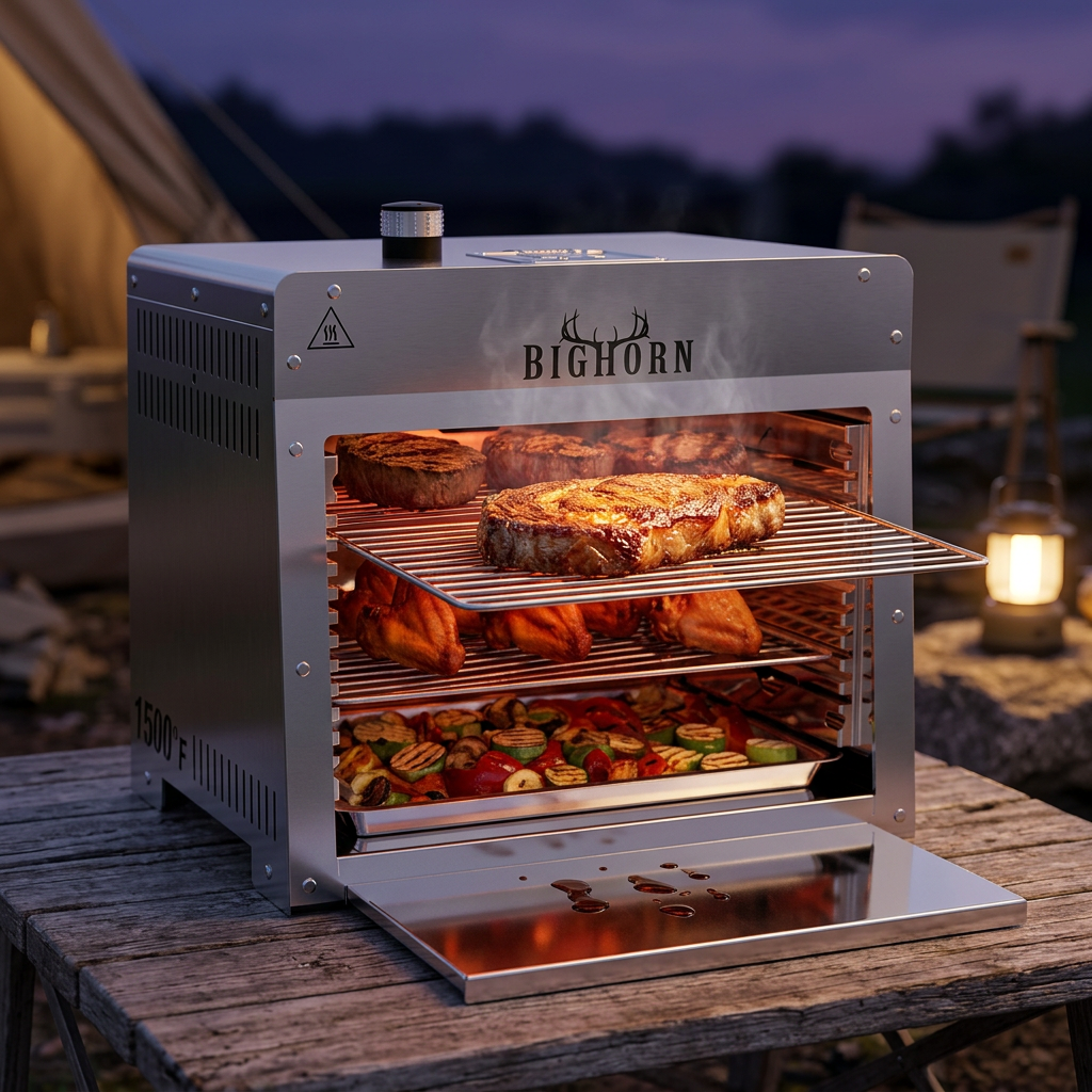 Portable infrared gas grill searing a steak with minimal smoke at an outdoor campsite