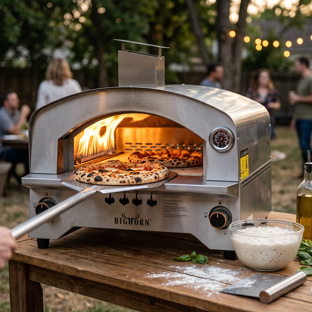 Outdoor pizza oven baking a bubbly, airy poolish pizza crust with a jar of fermenting poolish on a prep table.