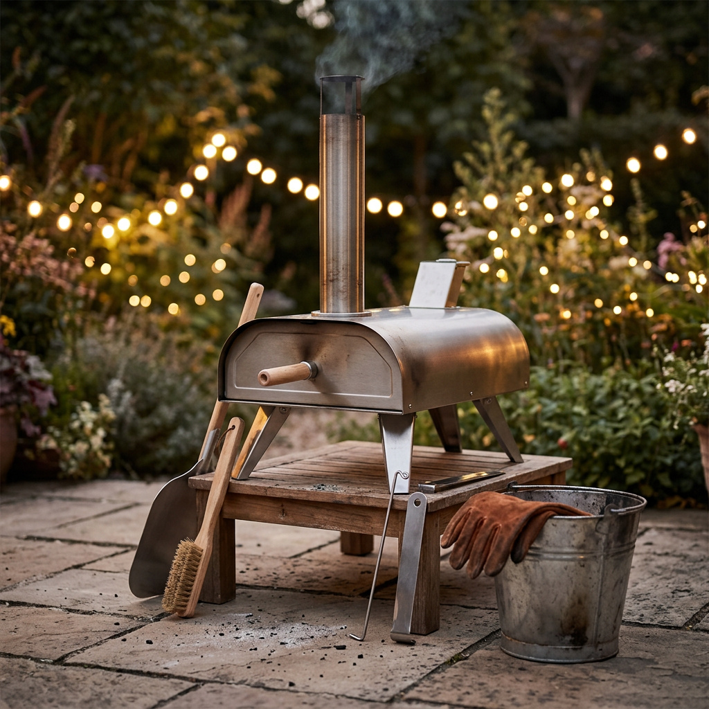 Outdoor backyard pizza oven after a pizza party, with cleaning tools ready on a patio table.