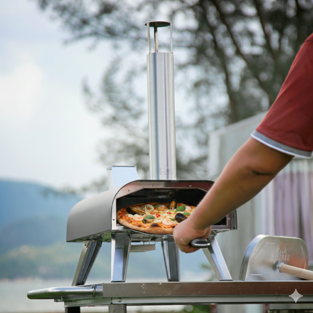 Portable pizza oven cooking seafood pizza outdoors