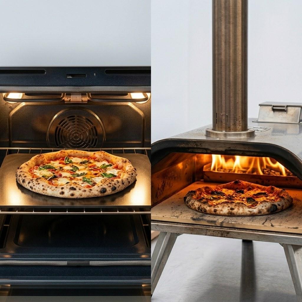 Homemade pizza baking in oven and outdoor pizza oven