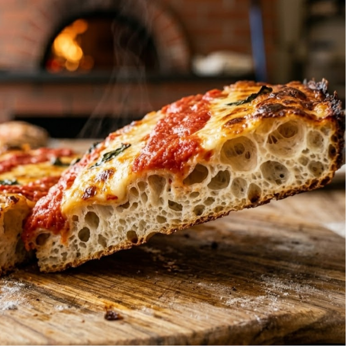 Slice of delicious, fresh-baked pizza with tomato sauce and mozzarella