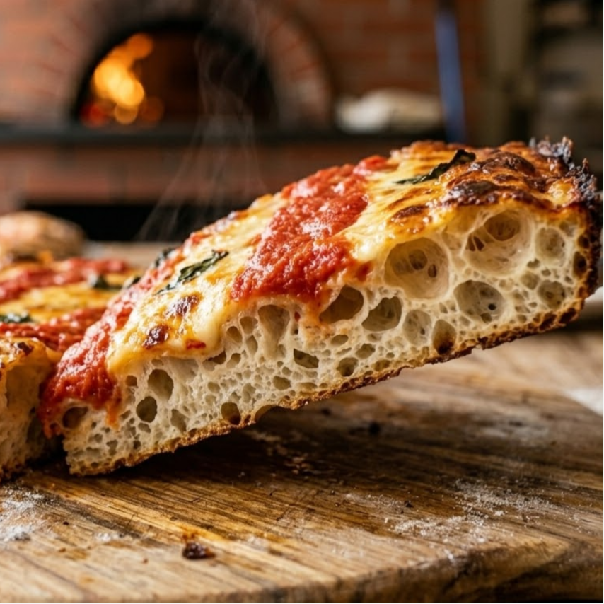 Slice of delicious, fresh-baked pizza with tomato sauce and mozzarella