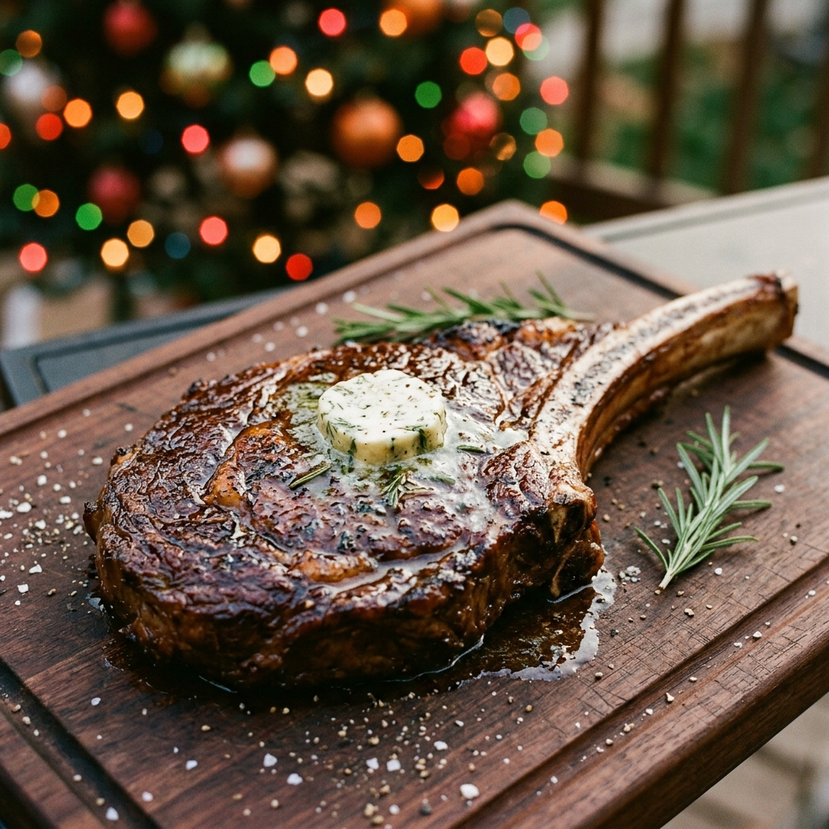 Tomahawk steak with herb butter and rosemary, a centerpiece for a Christmas steakhouse feast