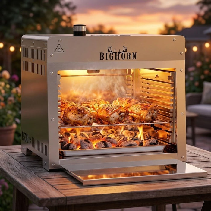 Big Horn high-heat grill oven cooking chicken thighs over charcoal flames