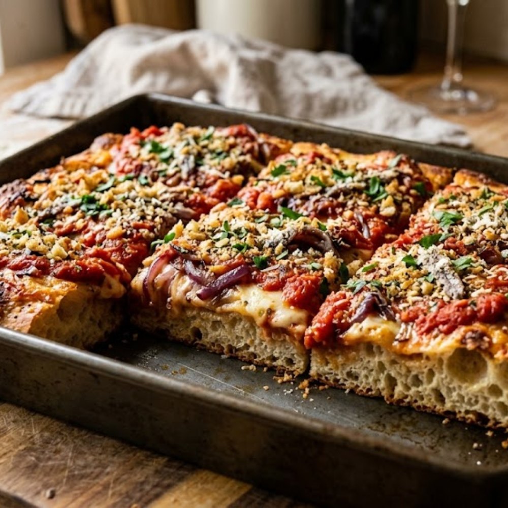 square Sicilian pizza with red onion, anchovies, and seasoned breadcrumbs